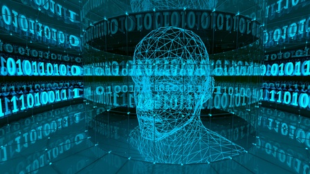 Vor schwarzem Hintergrund wird Künstliche Intelligenz in Form eines türkisen Kopfes dargestellt. Es wirkt wie ein Computerspiel. Informationstechnik, Technologie und Mensch, Künstliche Intelligenz.