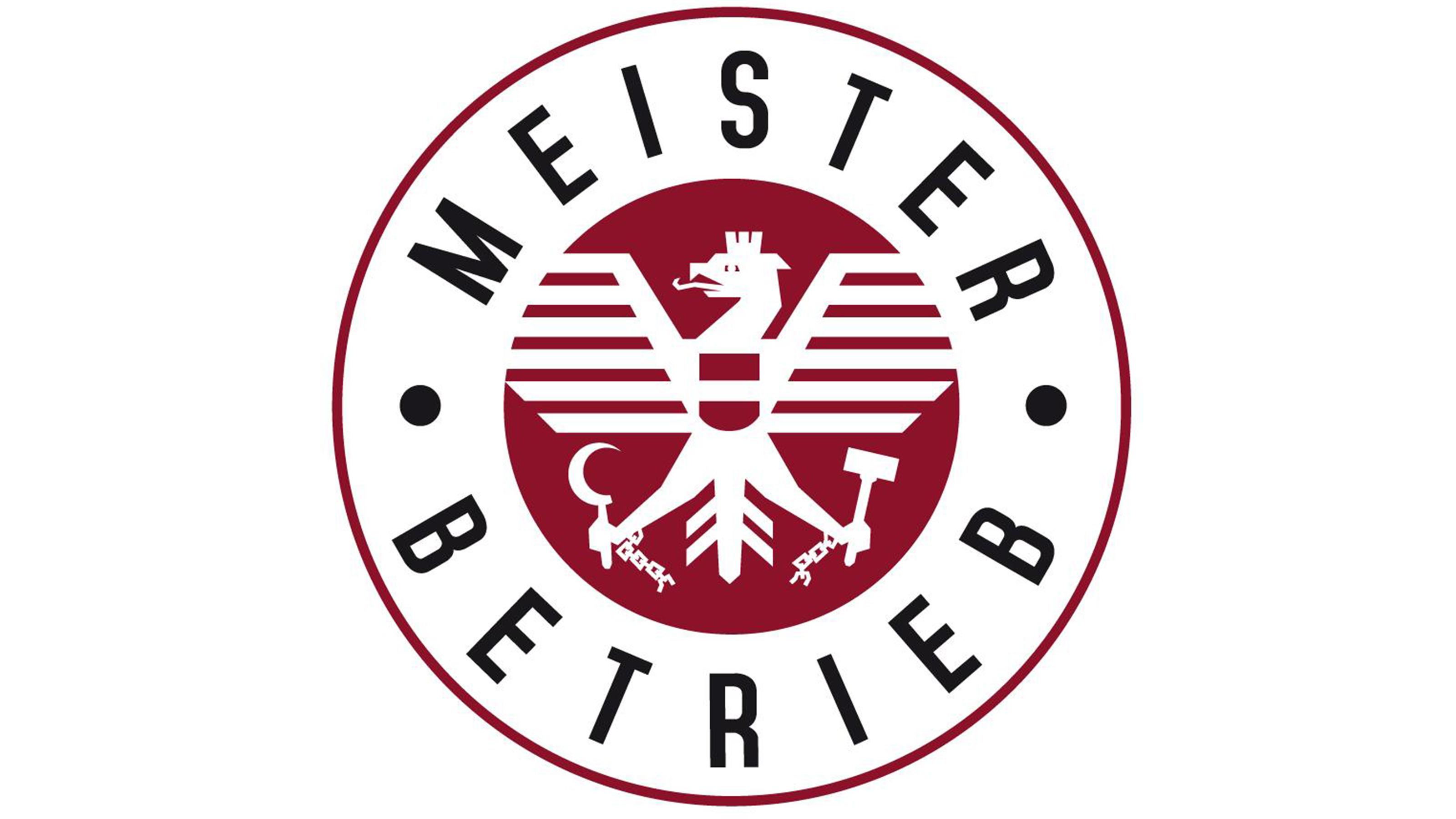 Gütesiegel: Im Zentrum grafische Darstellung eines weißen, österreichischen Wappen-Adlers auf rotem kreisrunden Hintergrund, darum rundlaufender Schriftzug Meisterbetrieb